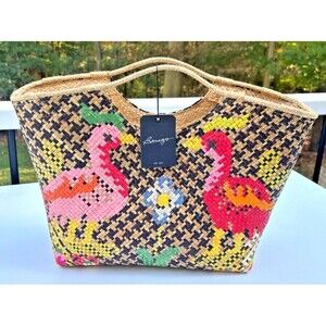Banago Zippered Large Tote Artisan Hand Crafted Woven Straw Flamingo Liliana NWT